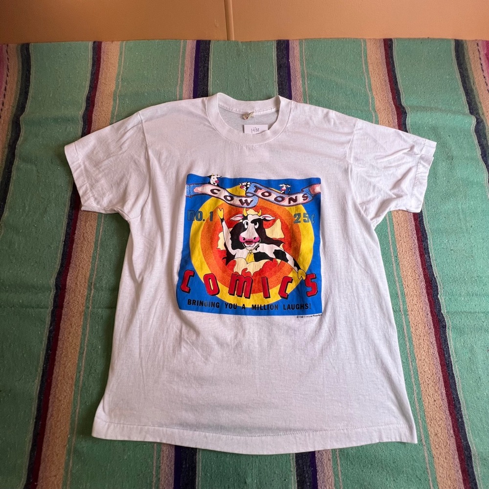 Screen Stars T-Shirt Mens L White 1988 Cow Toons Comics Vintage 80s SingleStitch